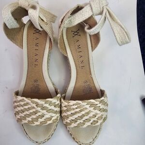 Womens Amiani Espadrille Wedge Sandals Sz 10 Cream Ankle Tie Strap Casual S0116